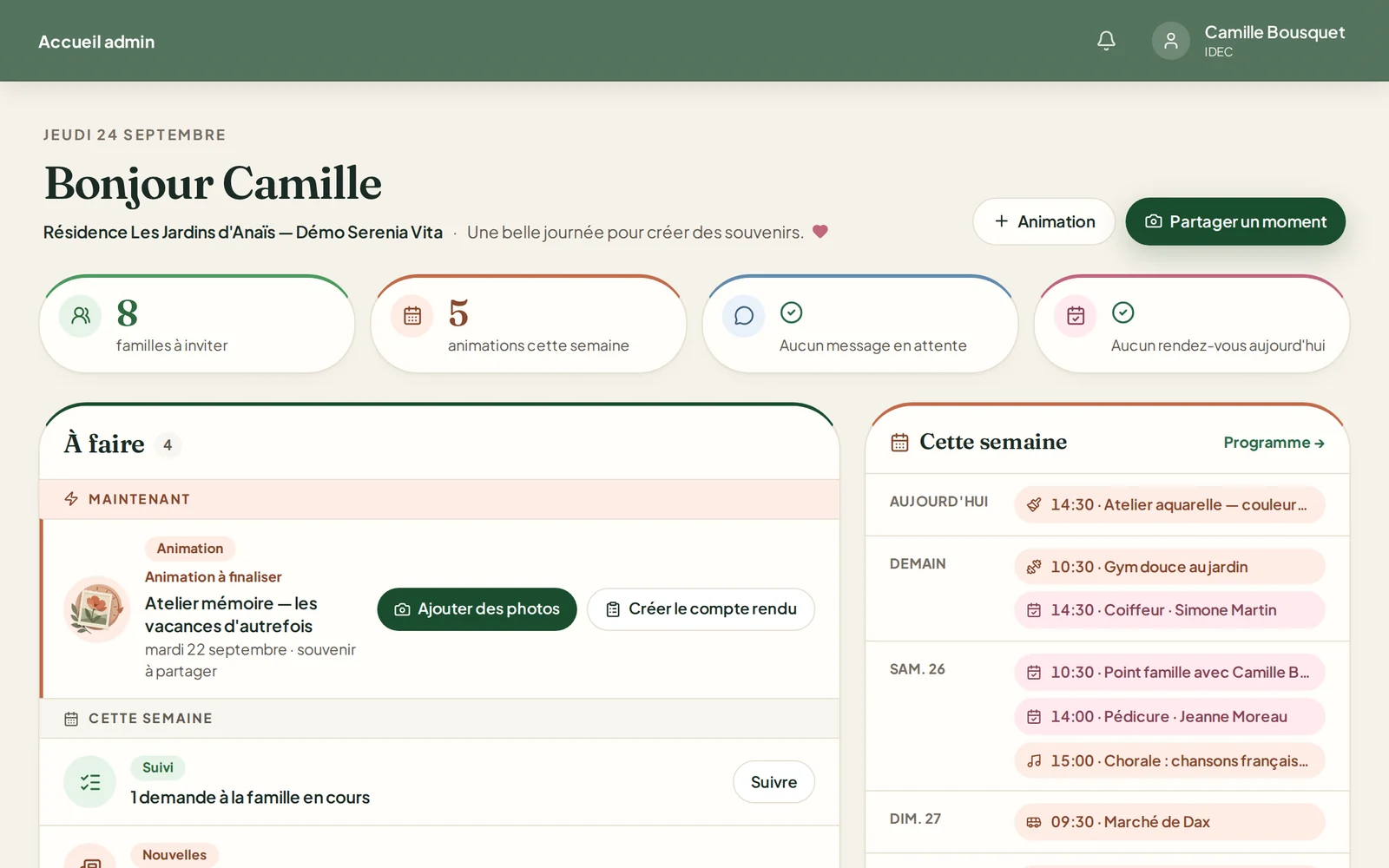 L'accueil de l'espace équipe propose de finaliser le compte rendu d'une animation