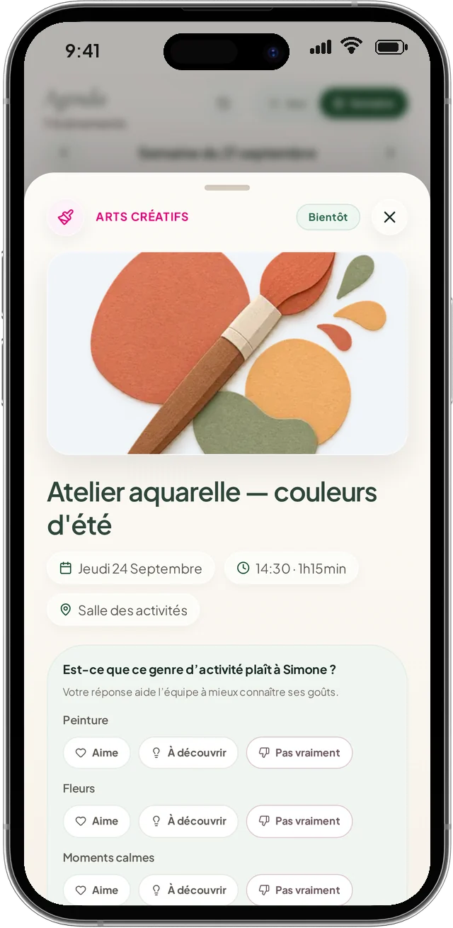 La fiche d'une animation, où la famille indique si l'activité plaît à son proche